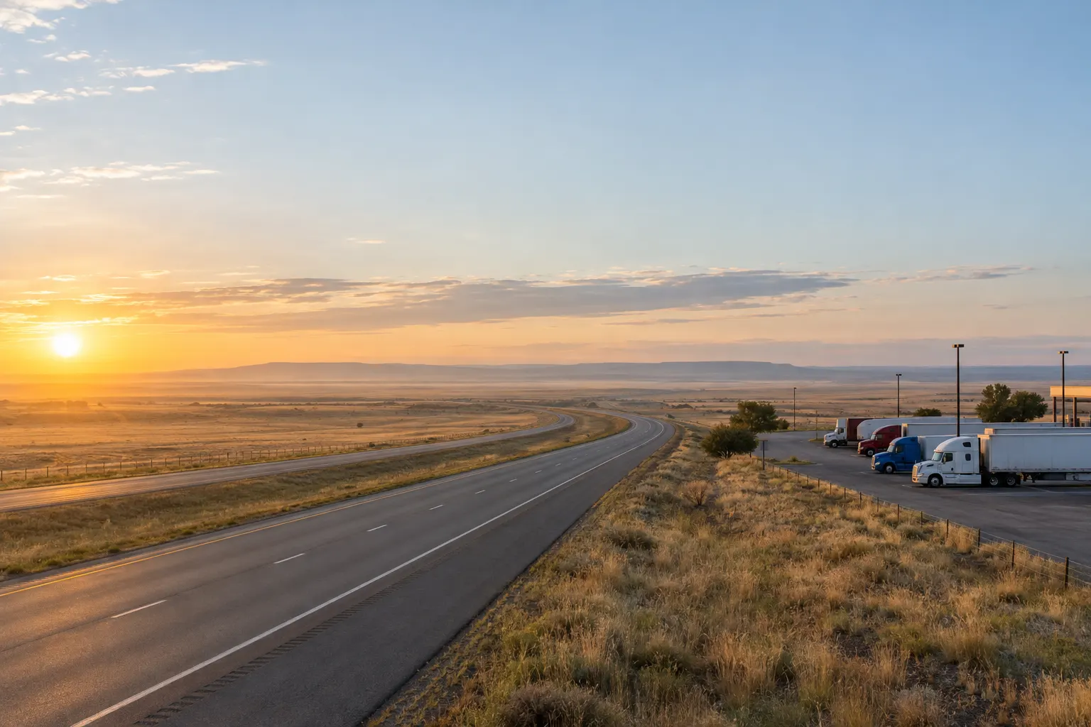 Interstate across the high plains at sunrise with trucks parked at a travel center